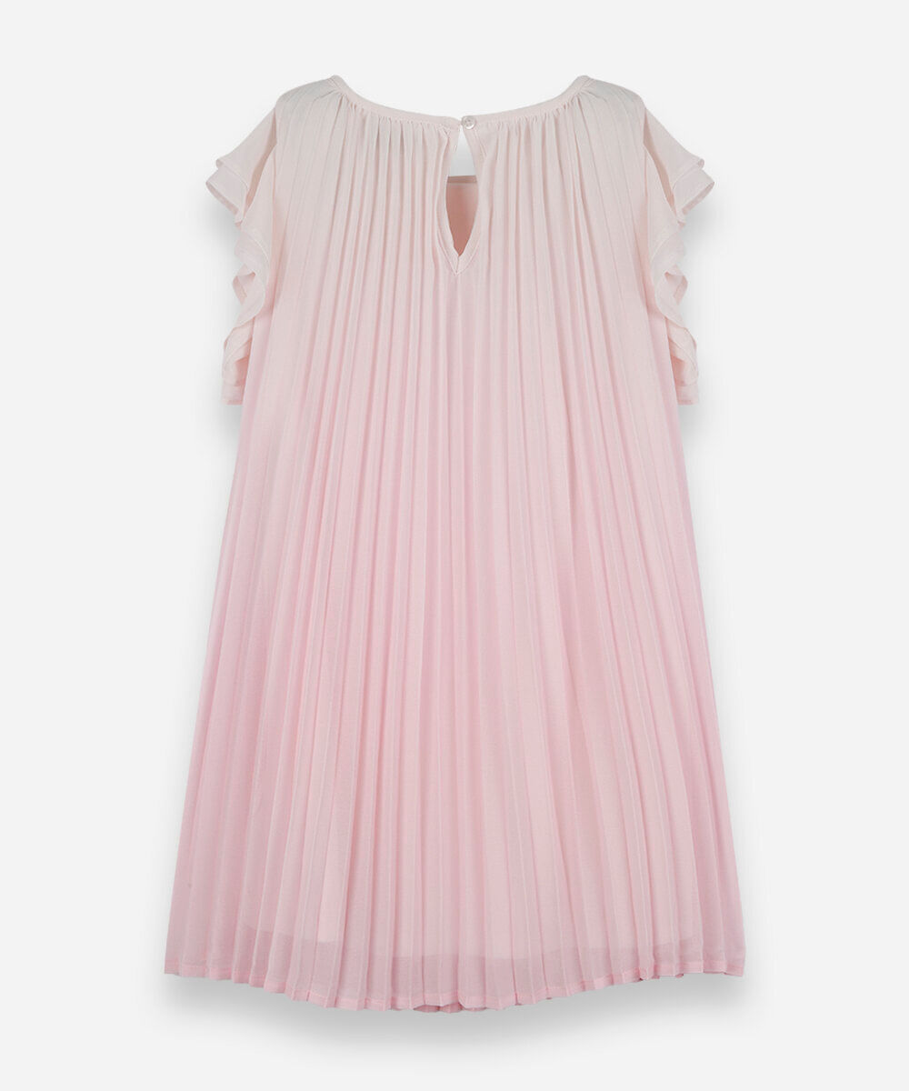 vestido infantil plissado de chiffon com manga curta rosa