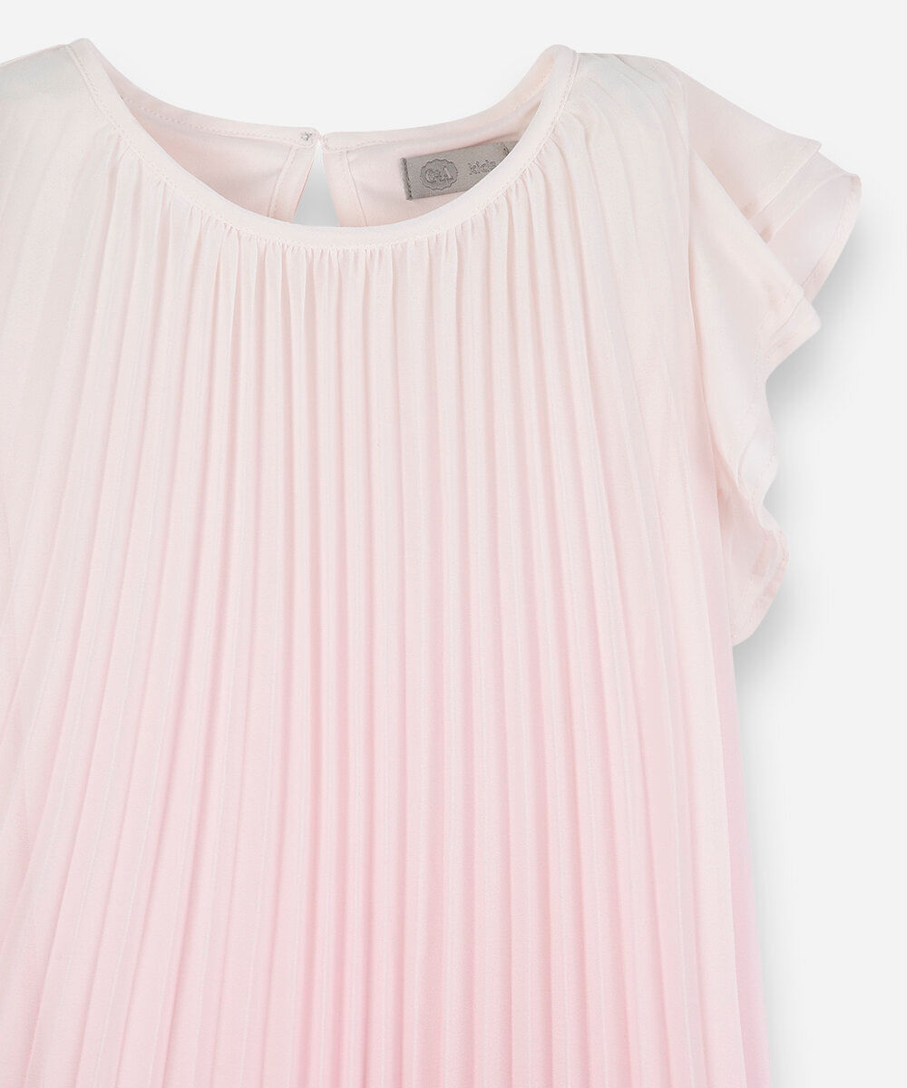 vestido infantil plissado de chiffon com manga curta rosa