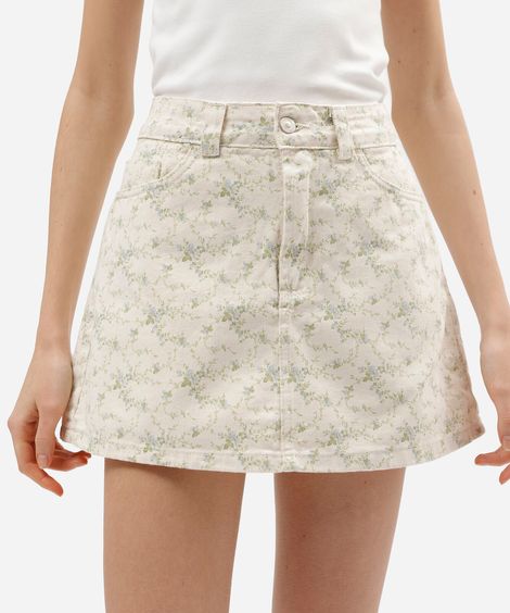 short saia feminino de sarja cintura alta floral bege