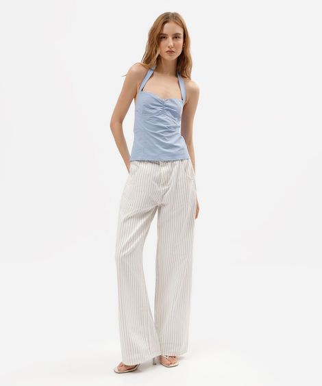 calça oversized feminina de sarja cintura média risca de giz off white