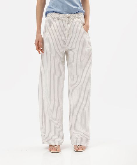 calça oversized feminina de sarja cintura média risca de giz off white