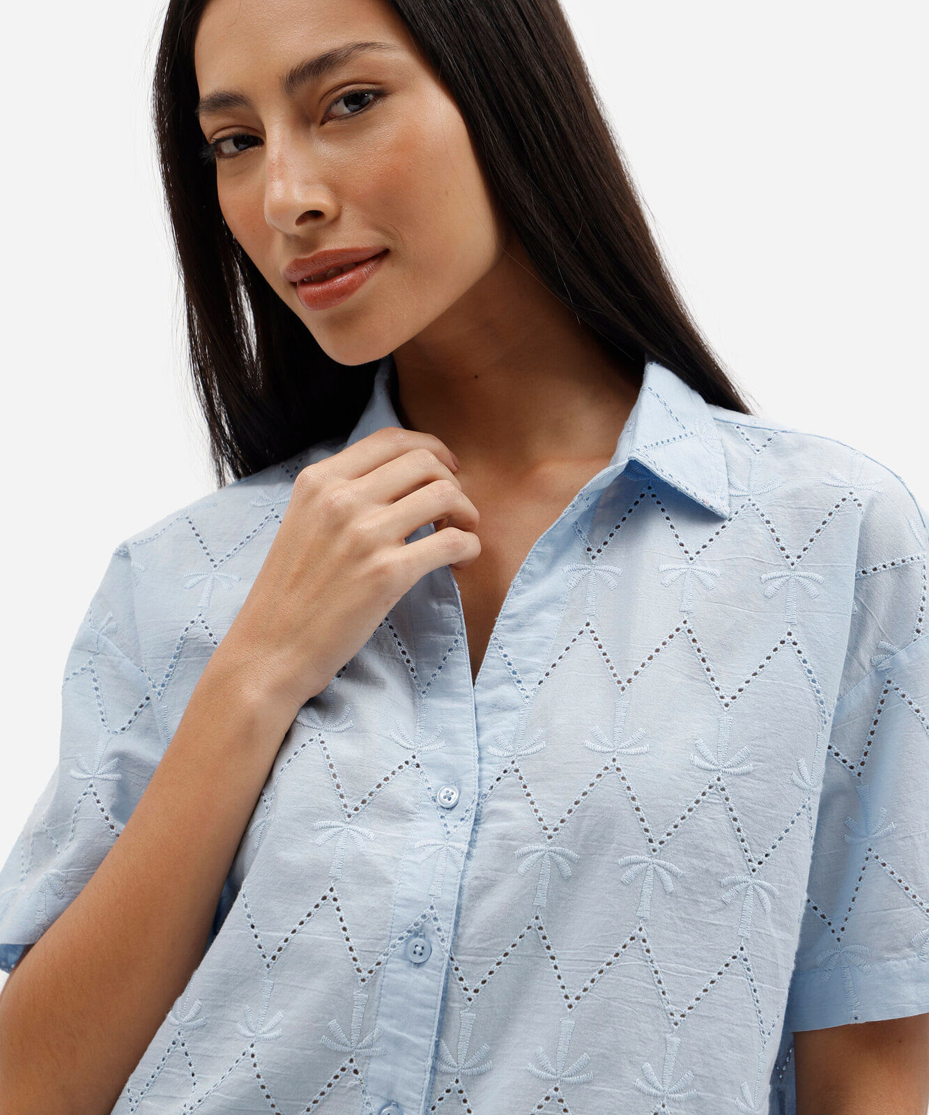 camisa feminina de laise manga curta azul