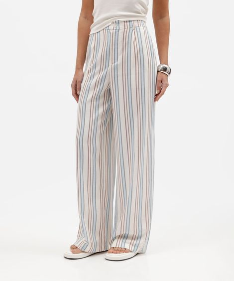 calça wide leg feminina com linho listrada off white