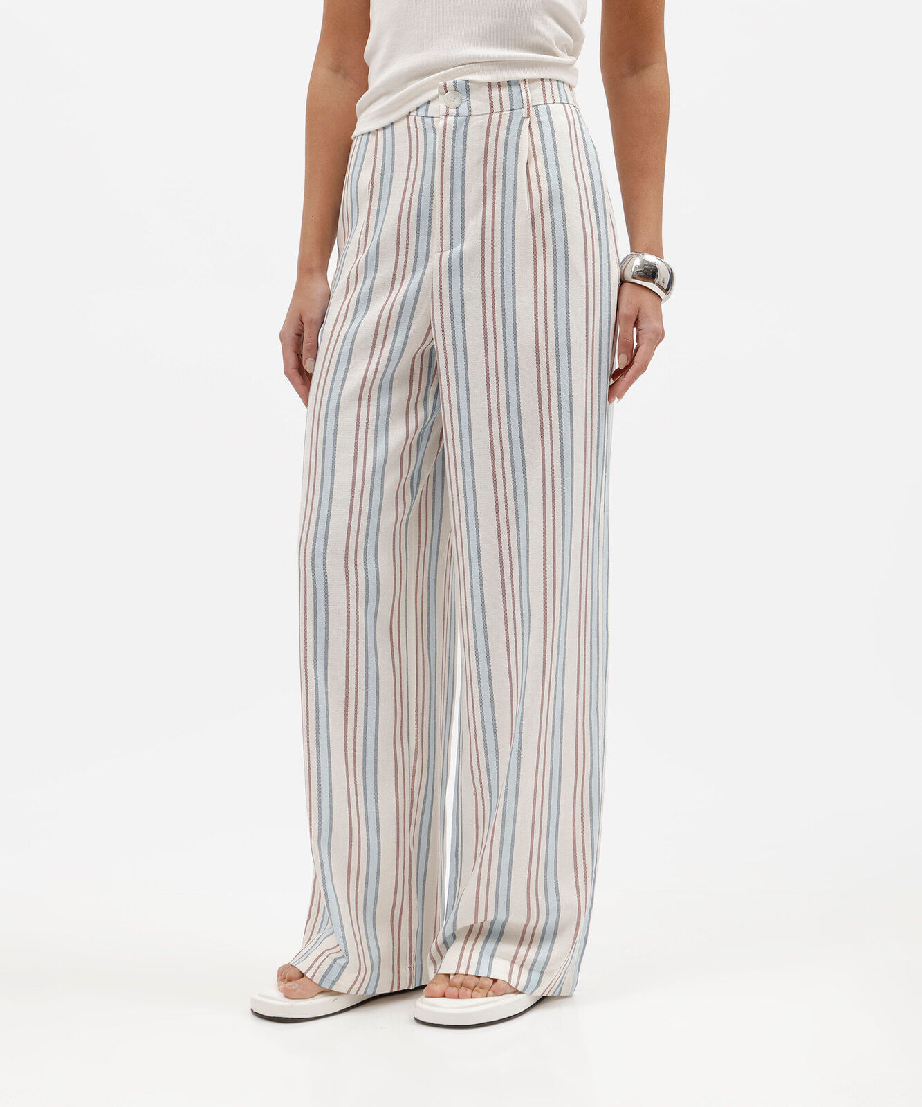 calça wide leg feminina com linho listrada off white