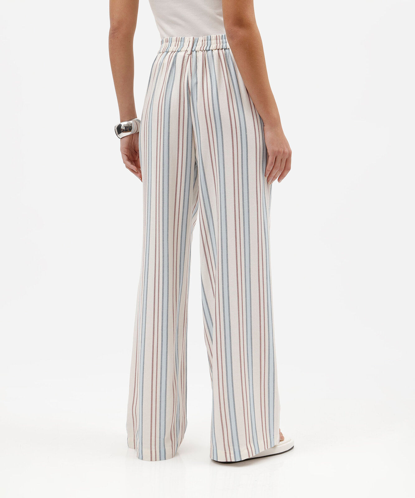 calça wide leg feminina com linho listrada off white