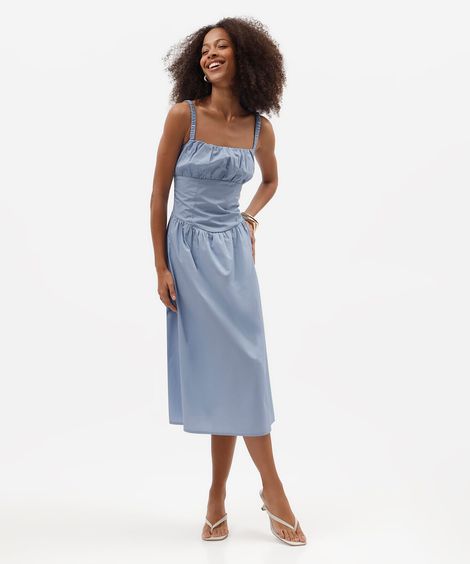 vestido midi feminino de algodão franzido azul