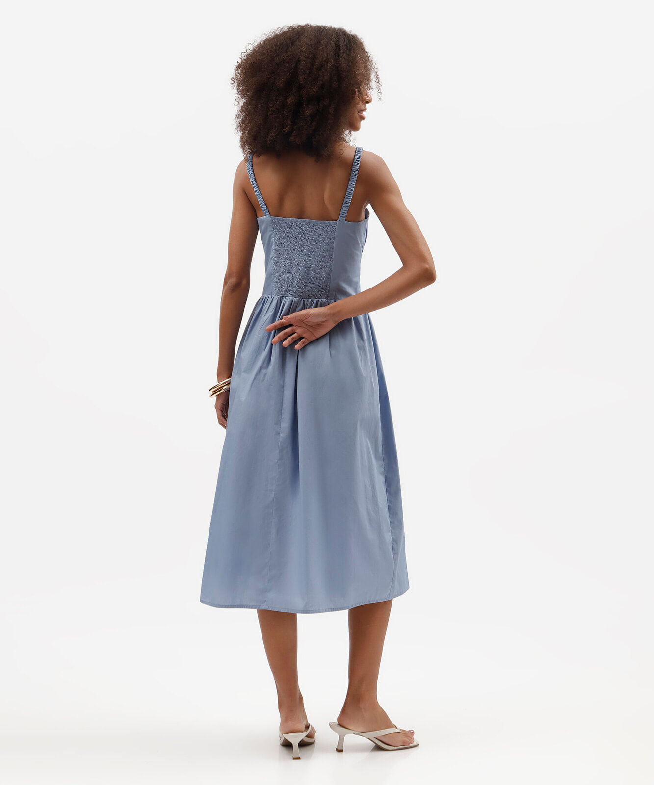 vestido midi feminino de algodão franzido azul