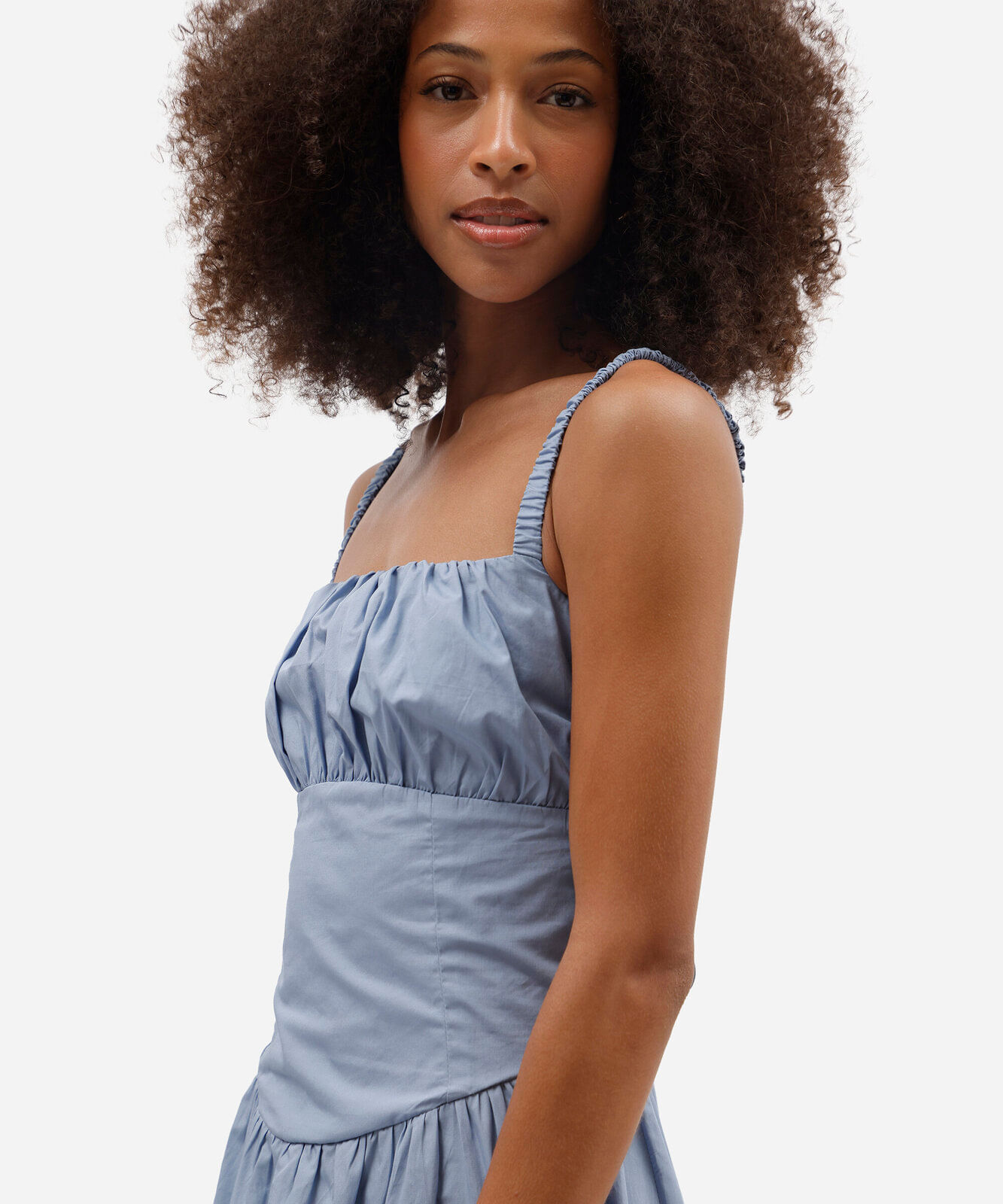 vestido midi feminino de algodão franzido azul