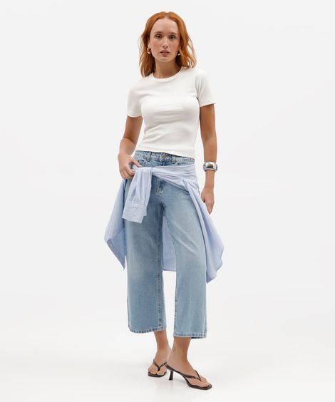 calça pantacourt feminina jeans cintura alta azul