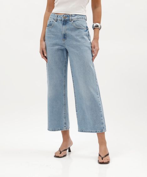 calça pantacourt feminina jeans cintura alta azul