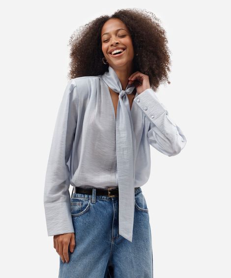 blusa feminina com liocel gola laço manga longa texturizada azul