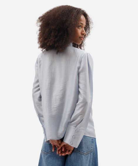 blusa feminina com liocel gola laço manga longa texturizada azul