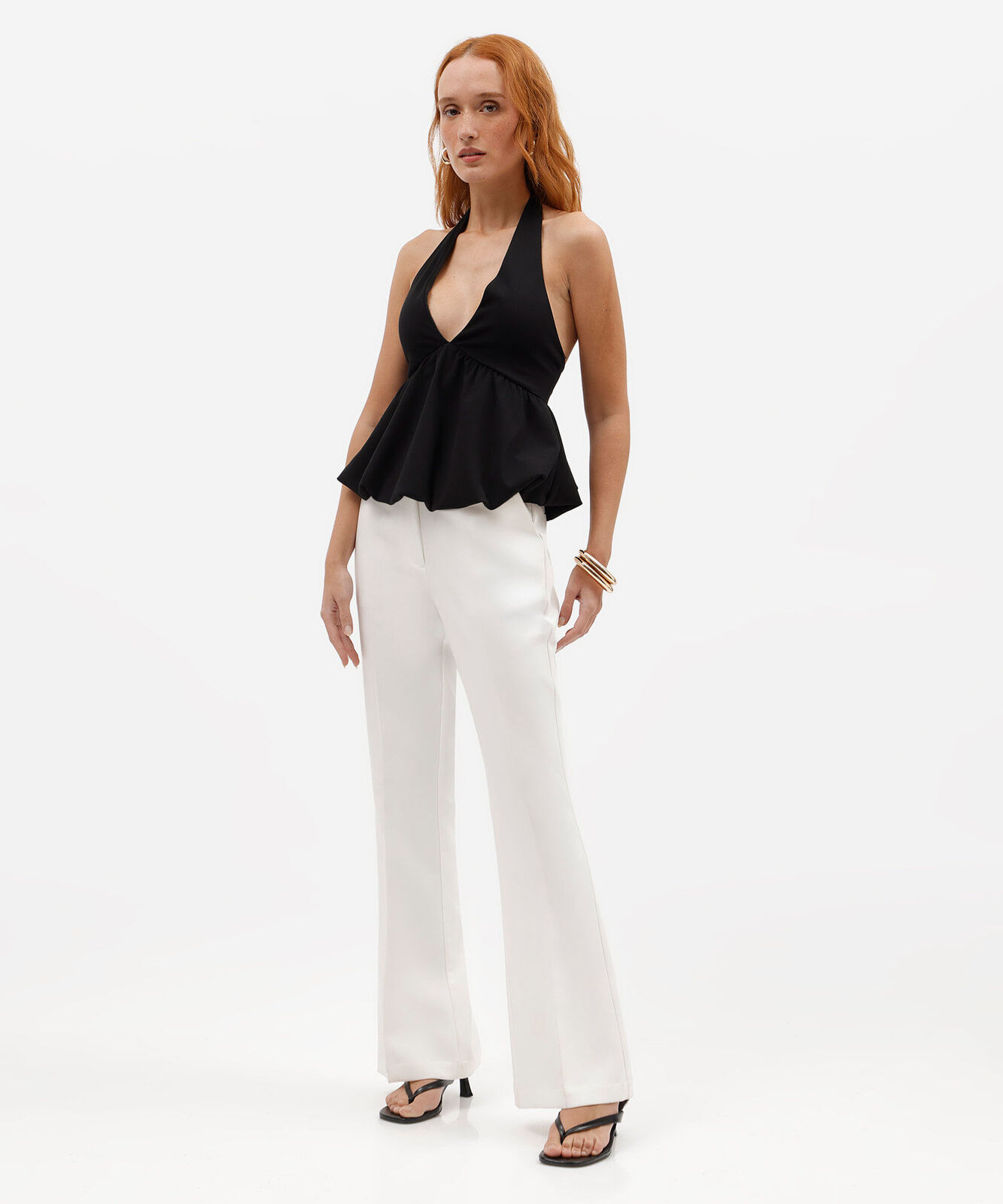 calça flare feminina de alfaiataria com cinto off white