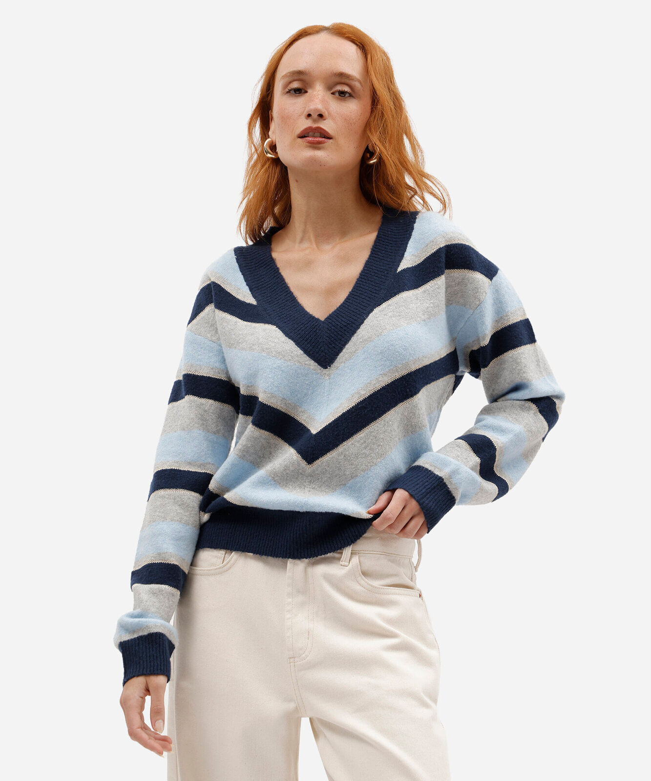 suéter feminino de tricot decote v listrado azul