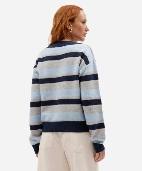 suéter feminino de tricot decote v listrado azul