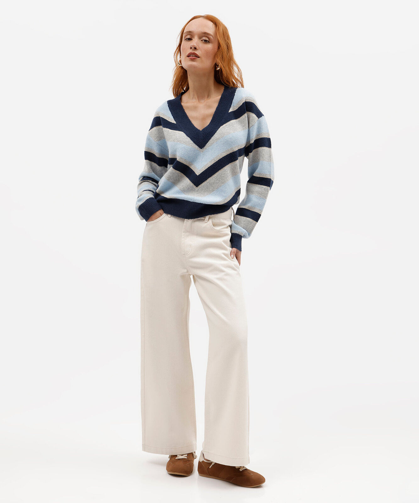 suéter feminino de tricot decote v listrado azul