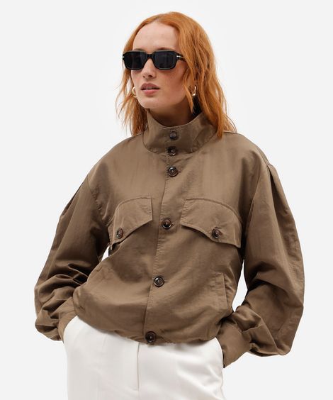 jaqueta feminina poliamida funnel neck com bolsos bege