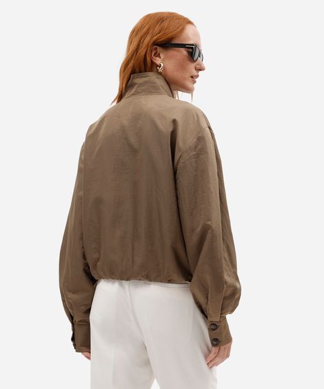 jaqueta feminina poliamida funnel neck com bolsos bege