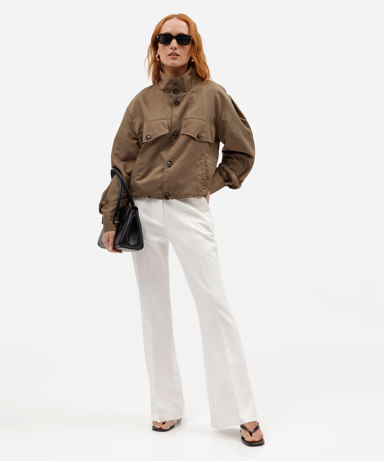 jaqueta feminina poliamida funnel neck com bolsos bege