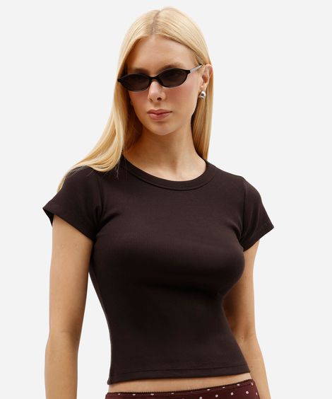 blusa baby look feminina de algodão manga curta canelada marrom