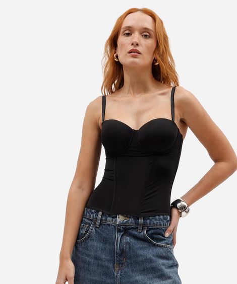 blusa corset feminina de poliamida decote coração com alças removíveis preta