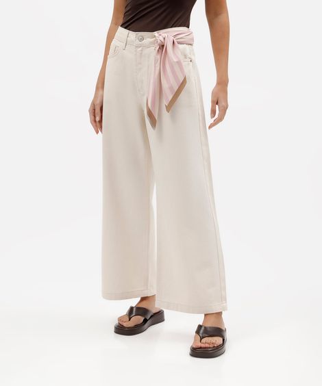calça wide leg cropped feminina de sarja bege