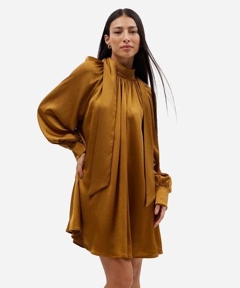 vestido curto feminino gola laço manga longa acetinado dourado