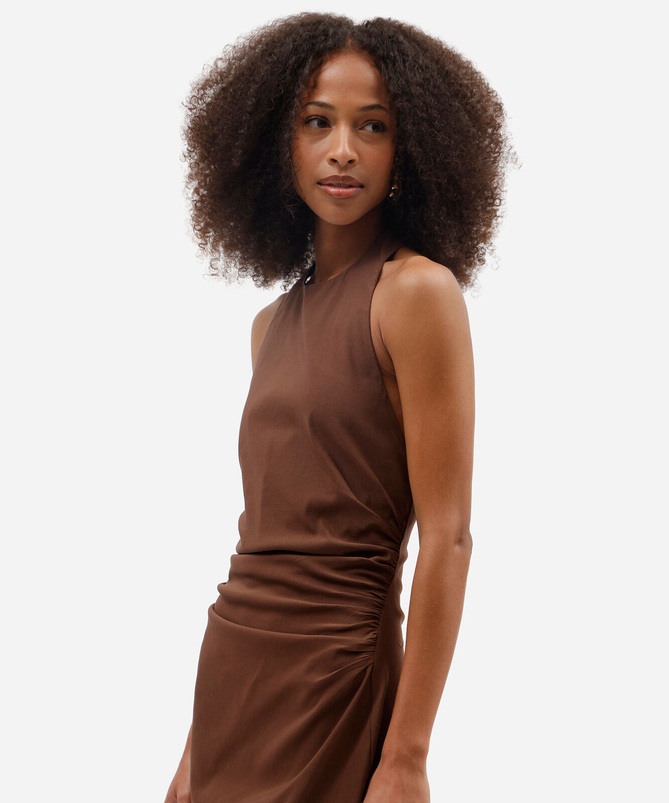 vestido midi feminino com viscose frente única franzido marrom