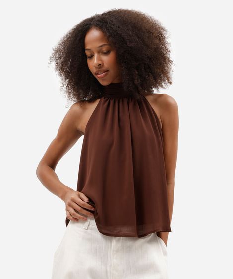 blusa feminina gola alta texturizada marrom