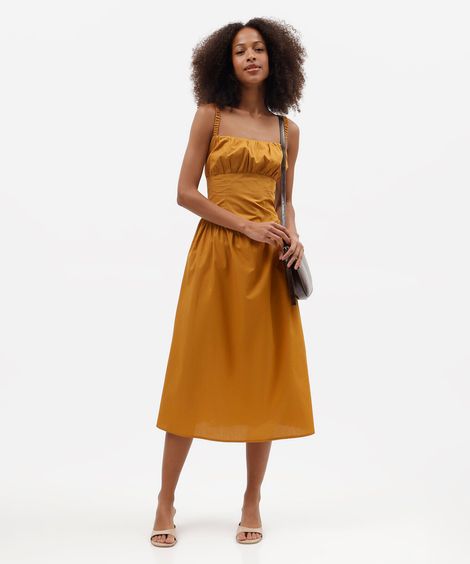 vestido midi feminino de algodão franzido amarelo