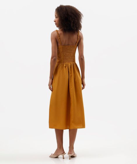 vestido midi feminino de algodão franzido amarelo
