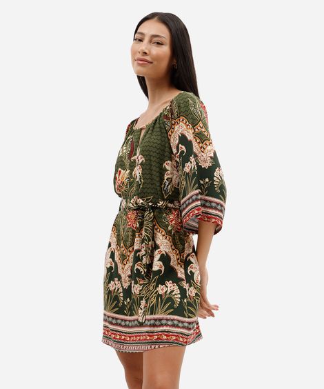 vestido curto feminino de viscose com faixa floral verde