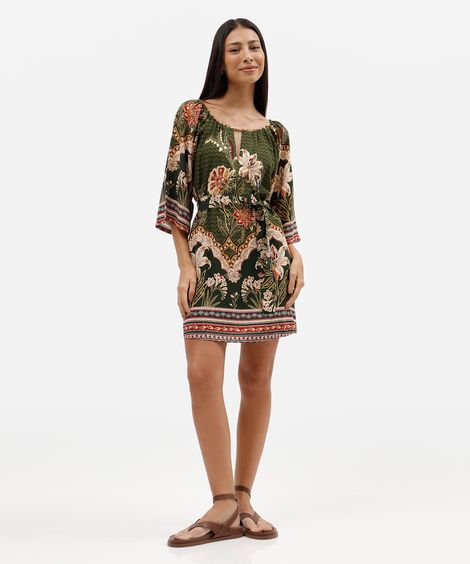 vestido curto feminino de viscose com faixa floral verde