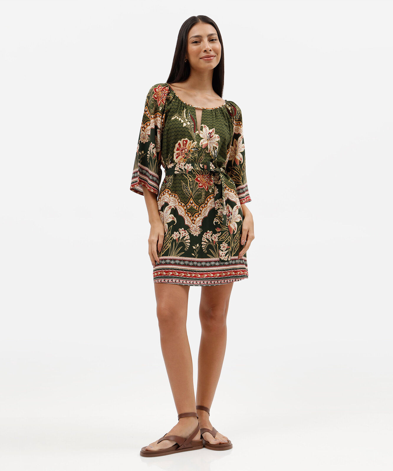 vestido curto feminino de viscose com faixa floral verde