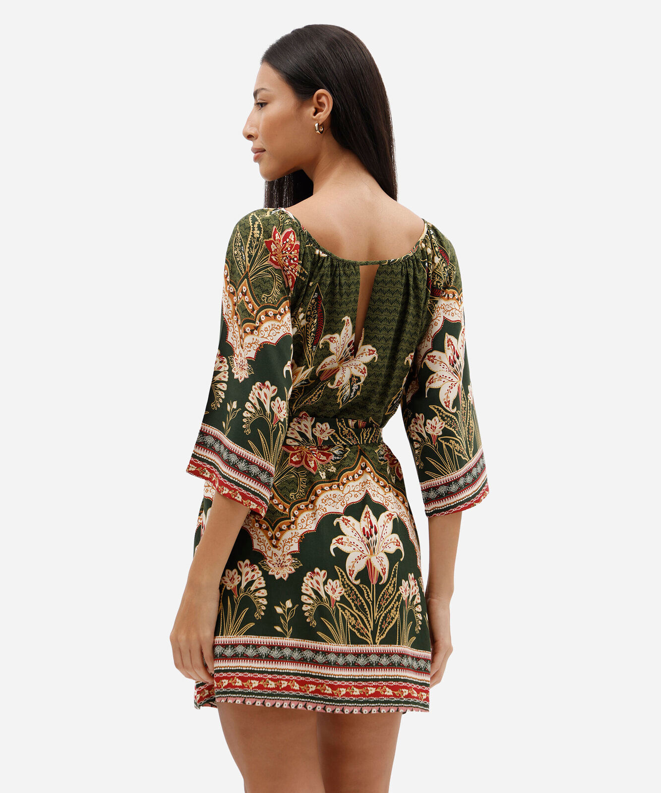 vestido curto feminino de viscose com faixa floral verde