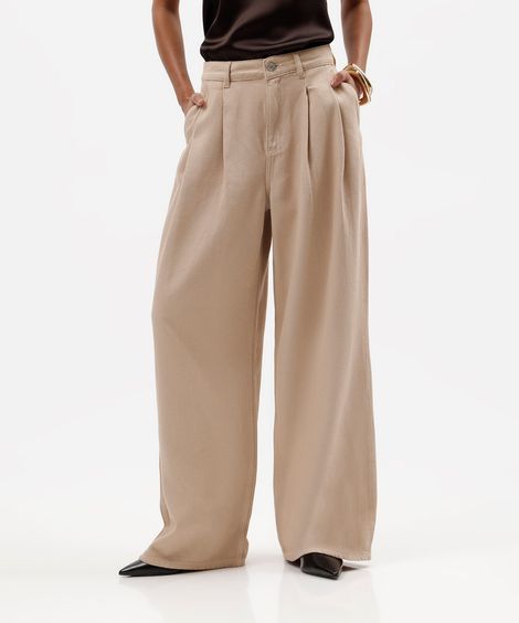 calça wide leg feminina de sarja com pregas cintura média bege