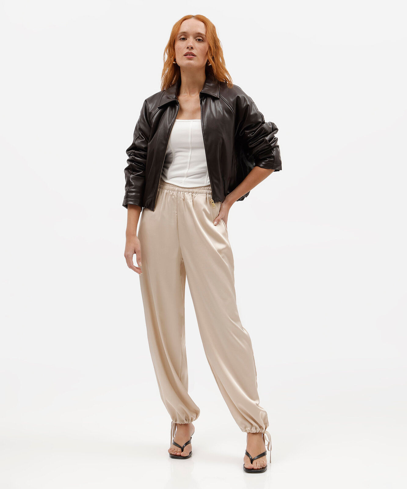 calça aladim feminina com amarração acetinada bege