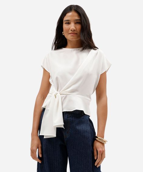 blusa feminina com amarração manga curta off white