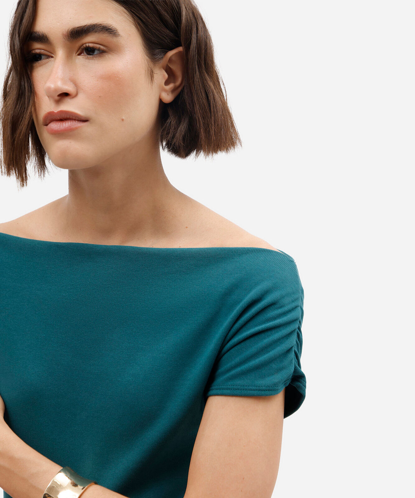blusa feminina de algodão ombro a ombro manga curta azul