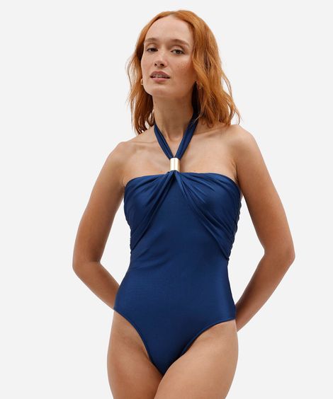 maiô frente única feminino de poliamida franzido azul