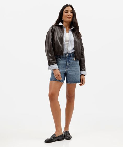bermuda feminina mom jeans cintura super alta azul