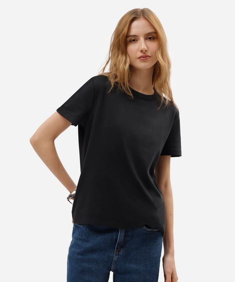 camiseta feminina de manga curta em malha ponto roma preta