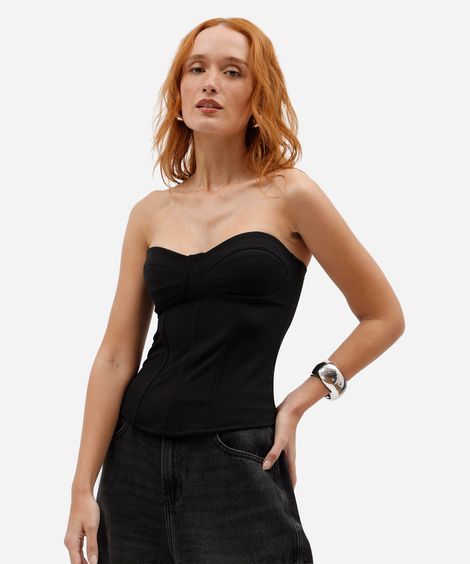 blusa corset sem alça feminina decote coração preta