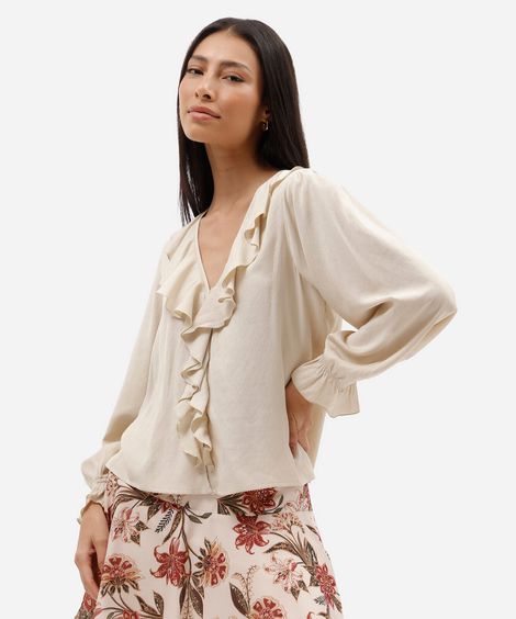bata feminina com viscose e babados manga longa off white