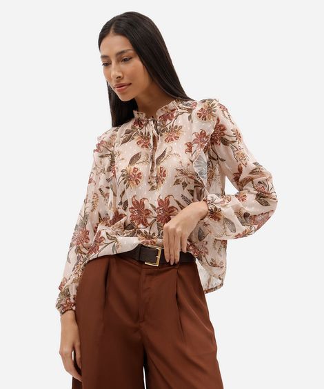 bata feminina manga longa com babados floral bege