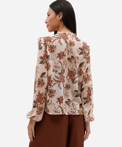 bata feminina manga longa com babados floral bege