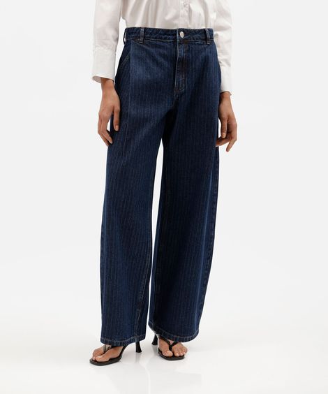 calça balloon feminina jeans cintura média com pregas listrada azul