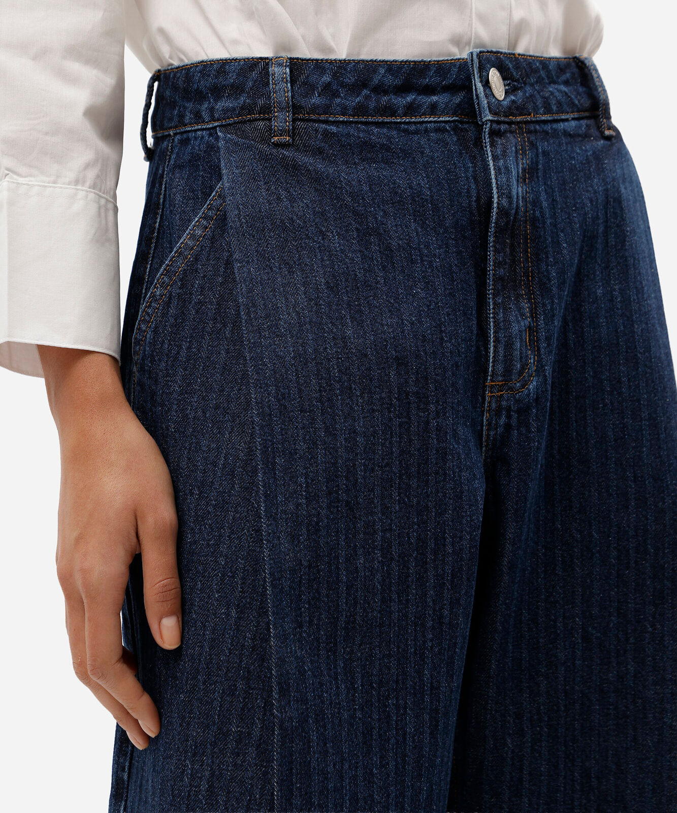 calça balloon feminina jeans cintura média com pregas listrada azul