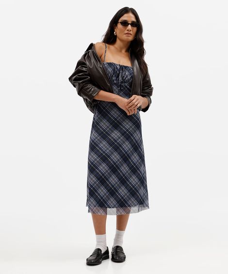 vestido midi alça fina feminino de tule franzido xadrez azul