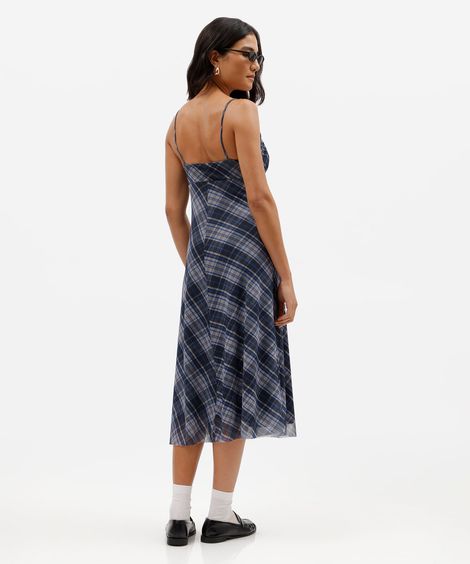 vestido midi alça fina feminino de tule franzido xadrez azul